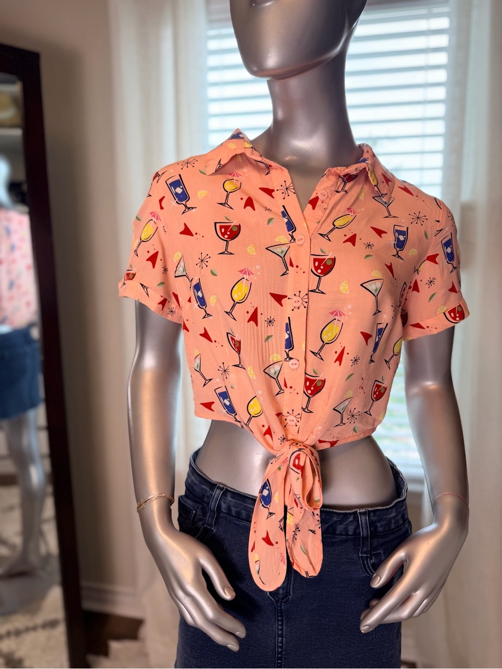 Collectif Pink Cocktail Martini Print Tie Front Crop Top Large Retro Pinup